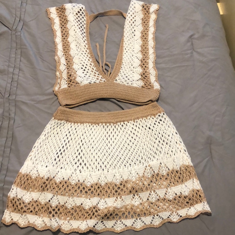 Two piece crochet bathing suit cover up